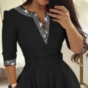 Dress for Women Streetwear 2023 Autumn and Winter Elegant Waist Wrapped Mid Long Sleeve Solid V-Neck Fashion Dresses with Belt - Empire P.E