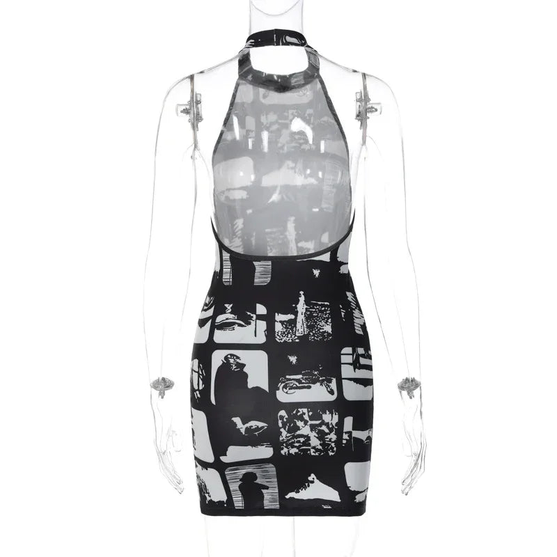 Hugcitar Vintage Print Halter Sleeveless Backless Sexy Slim Bodycon Mini Dress 2023 Summer Y2K Outfit Streetwear Nightclub Biker - Empire P.E