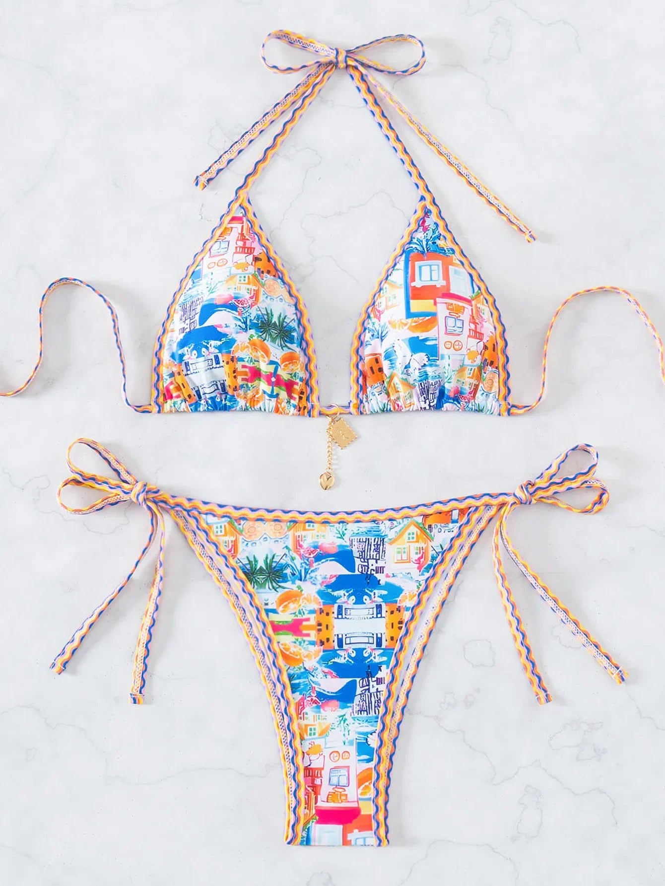 2026 new European and American triangle cup printed sexy bikini split swimsuit