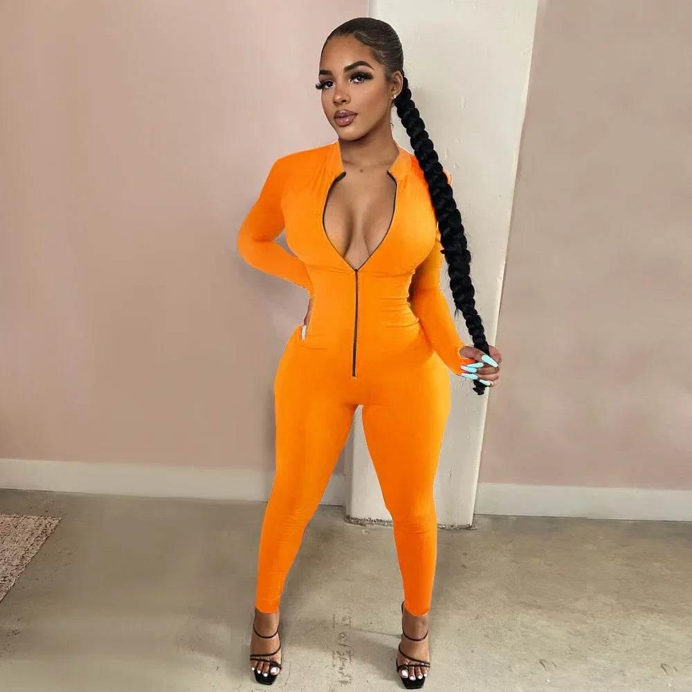 Sexy Solid Color Long Sleeve Deep V Bodycon Rompers Womens Jumpsuit Sport Suit Fashion Zip Up Long Pants Overalls Fitness Set - Empire P.E