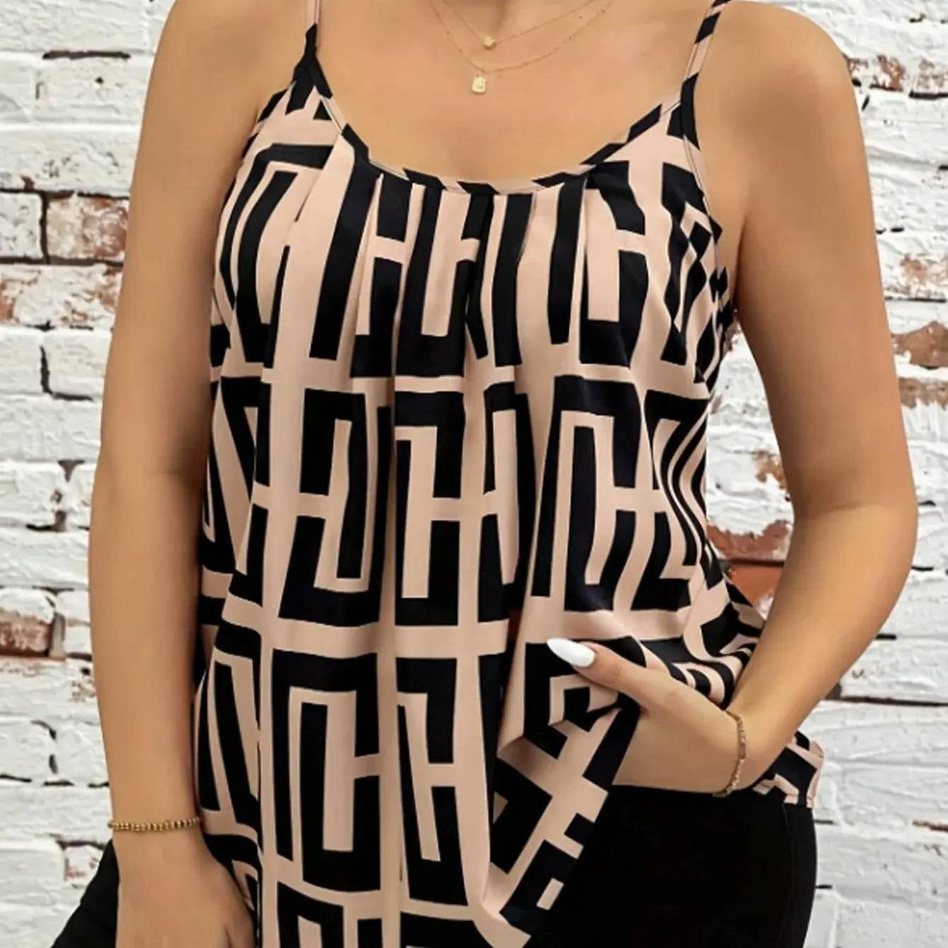 Plus size women's clothing elegant and fashionable contrast printed suspender tops spring, summer and autumn style - Empire P.E