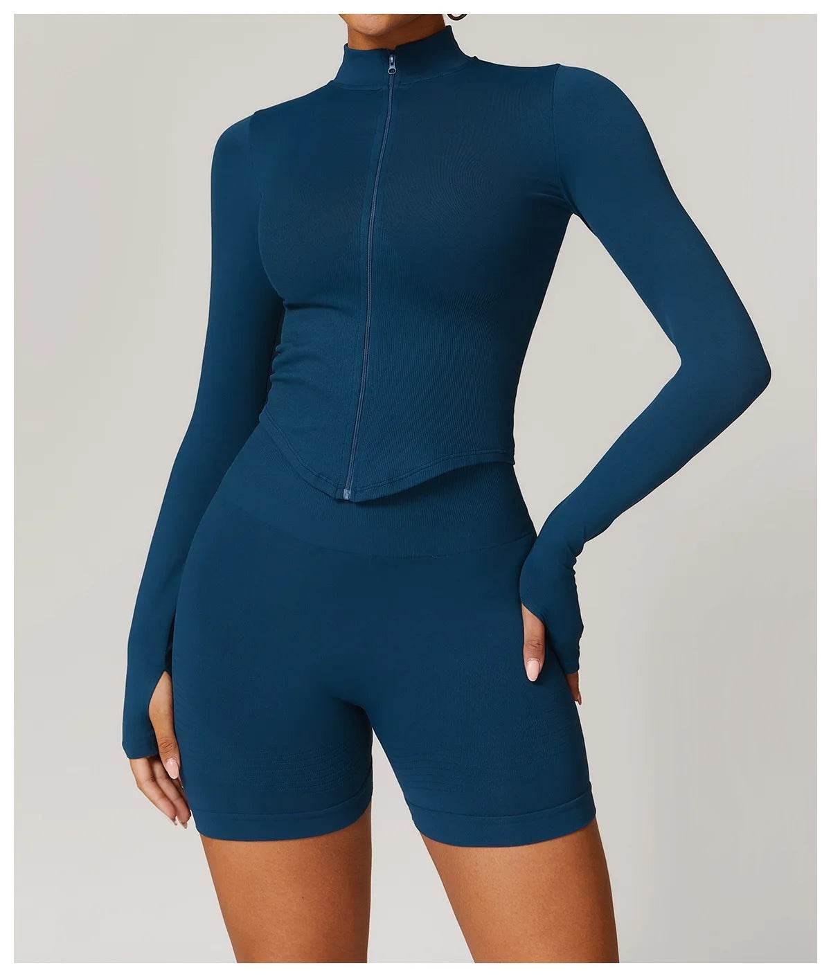Women Seamless Zipper Jacket Yoga Long Sleeved Gym Top Ribbed Yoga Stand Collar Jacket Running Workout Sport Coat Women's Shirts - Empire P.E
