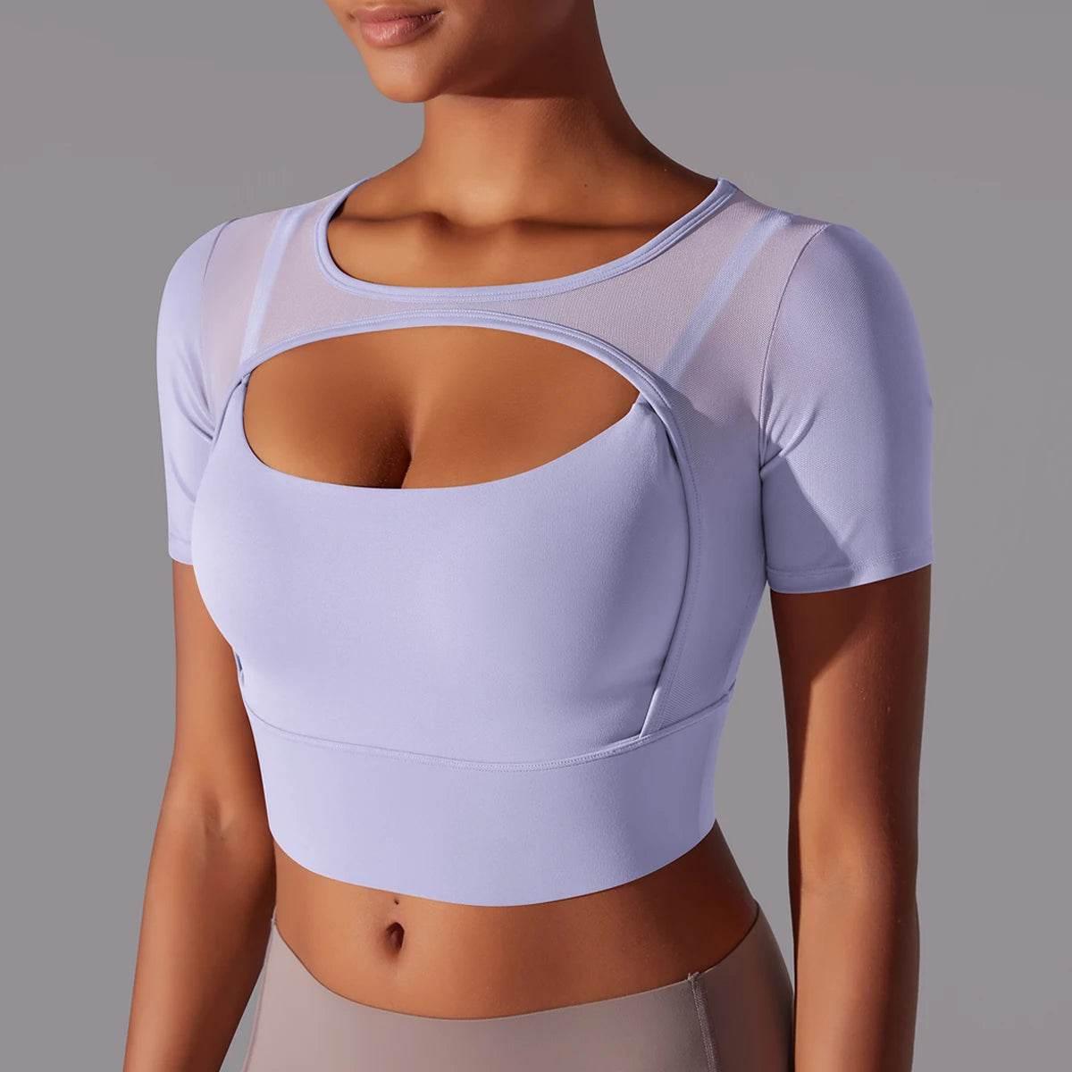 Solid Color Yoga Short Sleeve Sexy Double Layer Yoga Tank Top Spliced Mesh Yoga Clothing Top Fitness Running Sports Bra Women - Empire P.E