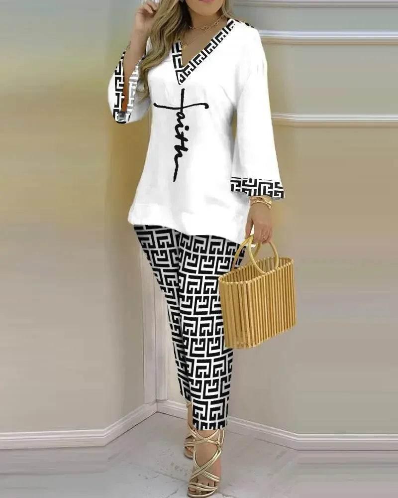 Women Print V Neck Tops Pant Sets Full Sleeve Pullover Two Piece Suit Elastic Waist Trousers Splice Shirts Autumn Regular Fit - Empire P.E