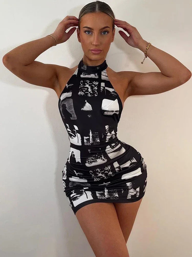 Hugcitar Vintage Print Halter Sleeveless Backless Sexy Slim Bodycon Mini Dress 2023 Summer Y2K Outfit Streetwear Nightclub Biker - Empire P.E