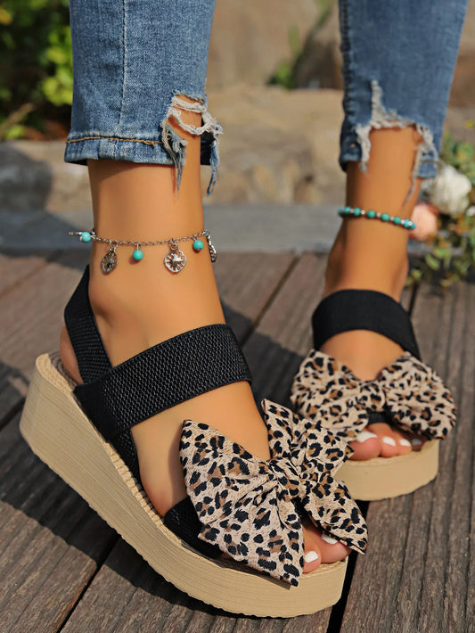 Women's Sexy Leopard Print Bow Wedge Thick Sole Sandals