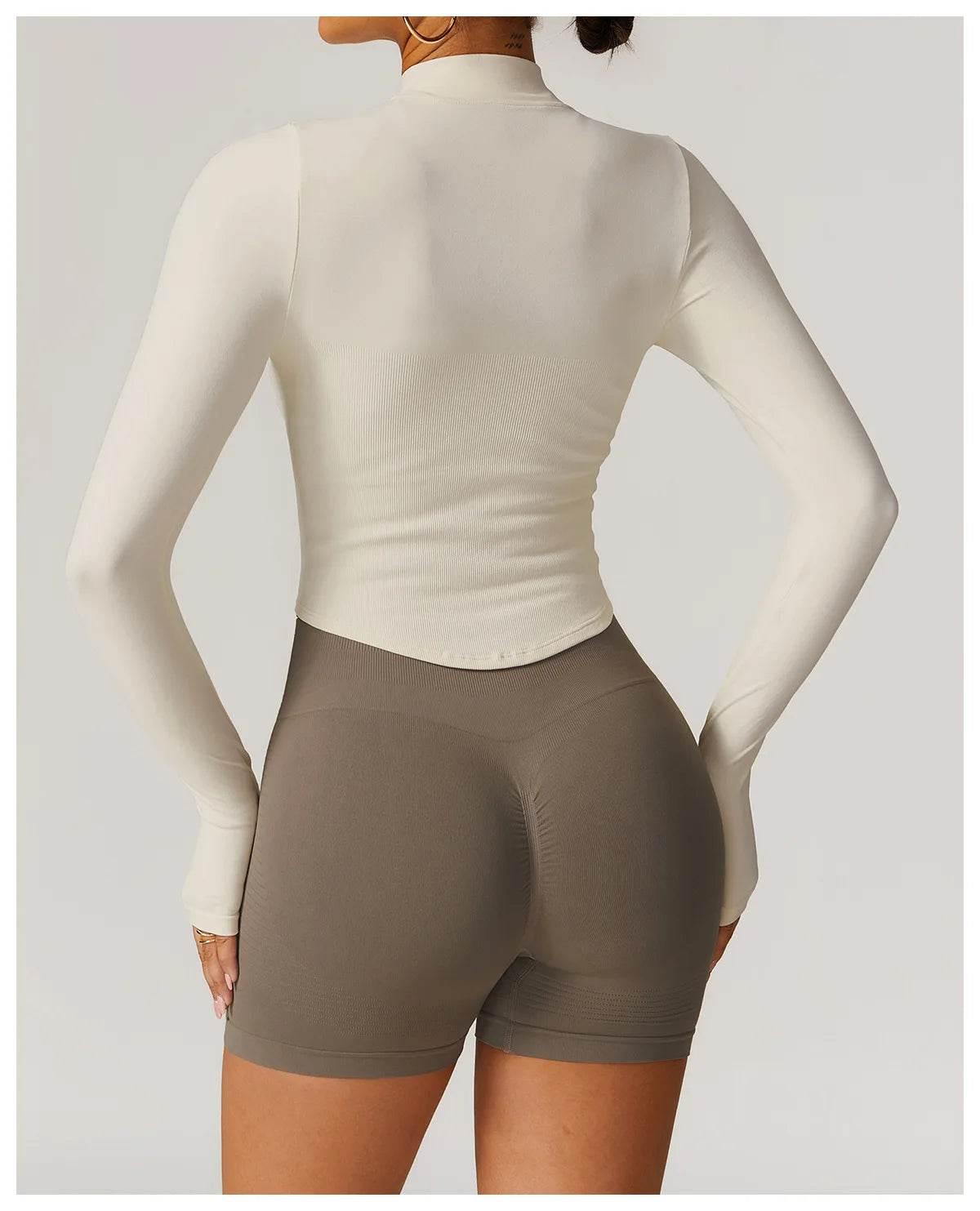 Women Seamless Zipper Jacket Yoga Long Sleeved Gym Top Ribbed Yoga Stand Collar Jacket Running Workout Sport Coat Women's Shirts - Empire P.E