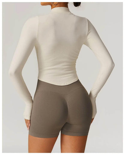 Women Seamless Zipper Jacket Yoga Long Sleeved Gym Top Ribbed Yoga Stand Collar Jacket Running Workout Sport Coat Women's Shirts - Empire P.E