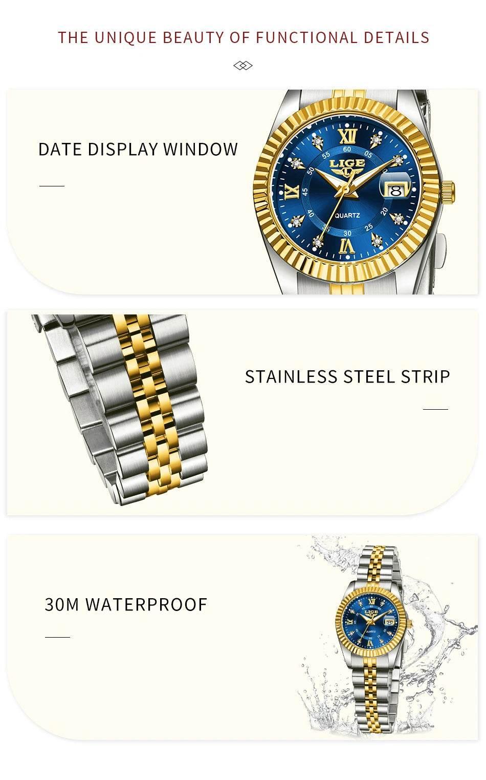 LIGE Top Luxury Watches For Women Vintage Fashion Ladies Watch Waterproof Date Stainless Quartz Wristwatches Reloj Mujer 2025 - Empire P.E
