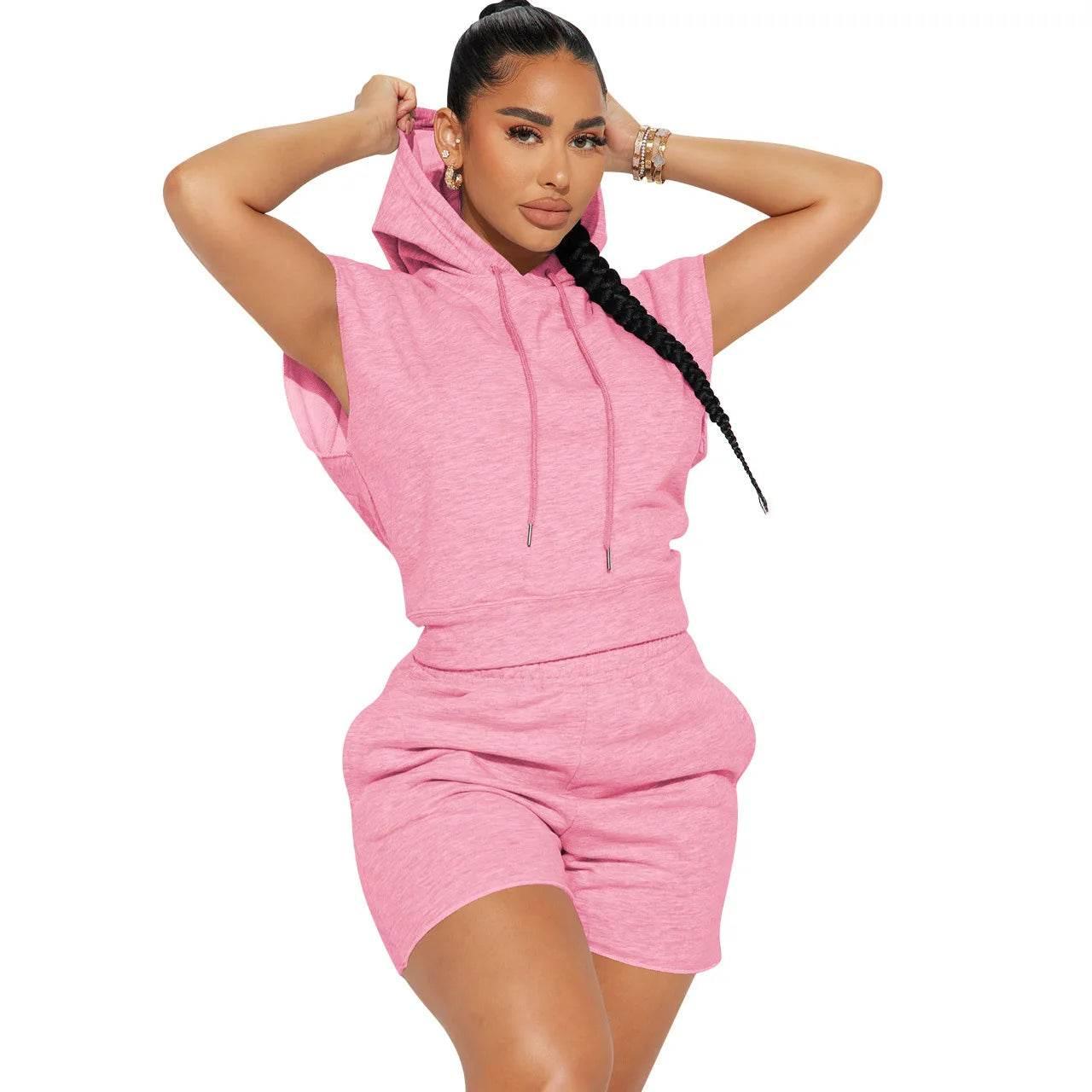 Summer 2024 Women's New Sexy Sleeveless Fashion Casual Sports Short Sleeved Hooded 3/4 Shorts Two Piece Set For Women - Empire P.E