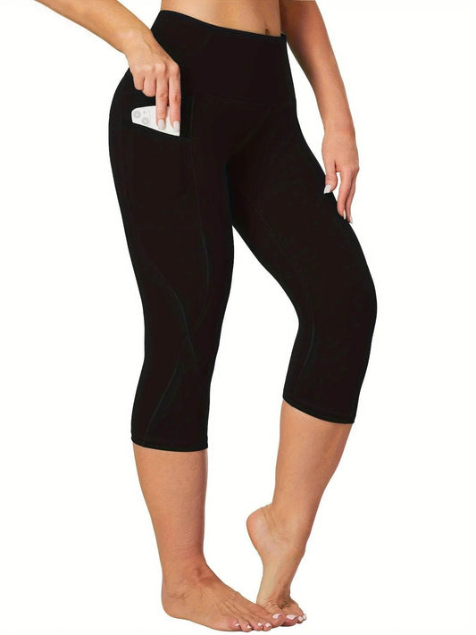 Women's Plus Size Capri Leggings With Pockets - Stretchy High Waisted Tummy Control Gym Black Color Plain Yoga Pants - Empire P.E
