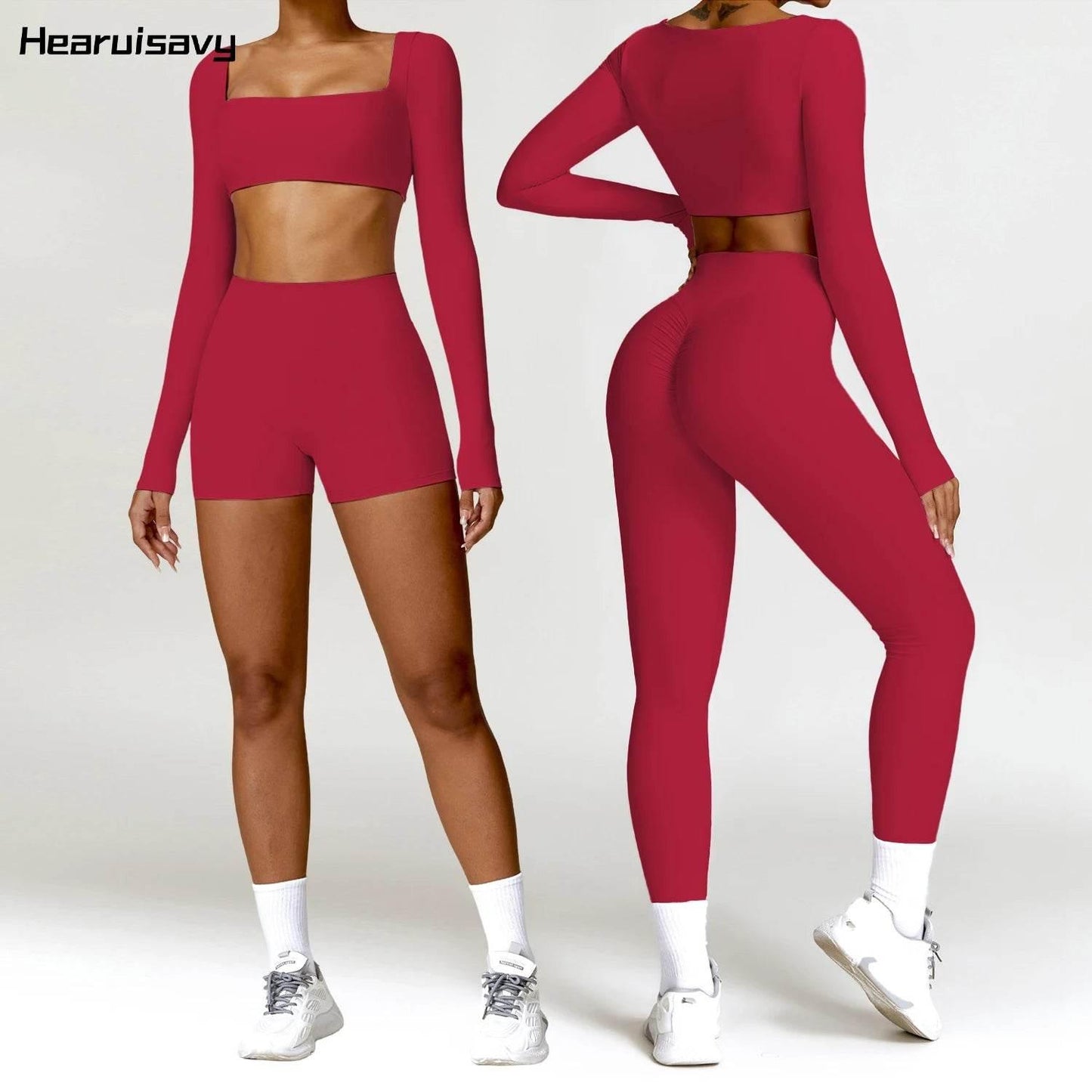 Hearuisavy 2PCS Long Sleeve Gym Set Women Yoga Clothes Quick-Drying Sportswear Running Leggings Workout Sports Crop Top Women - Empire P.E