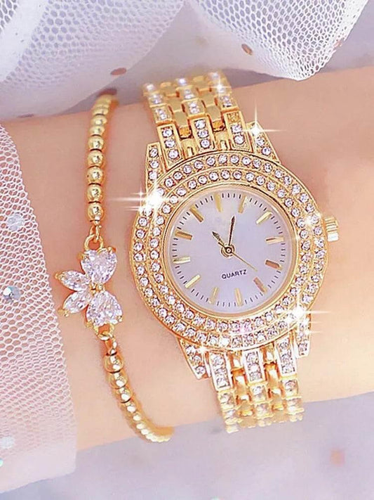 2pcs Fashionable Diamond Studded Real Nail Scale Alloy Set Quartz Bracelet Watch FOR WOMEN'S Watches - Empire P.E