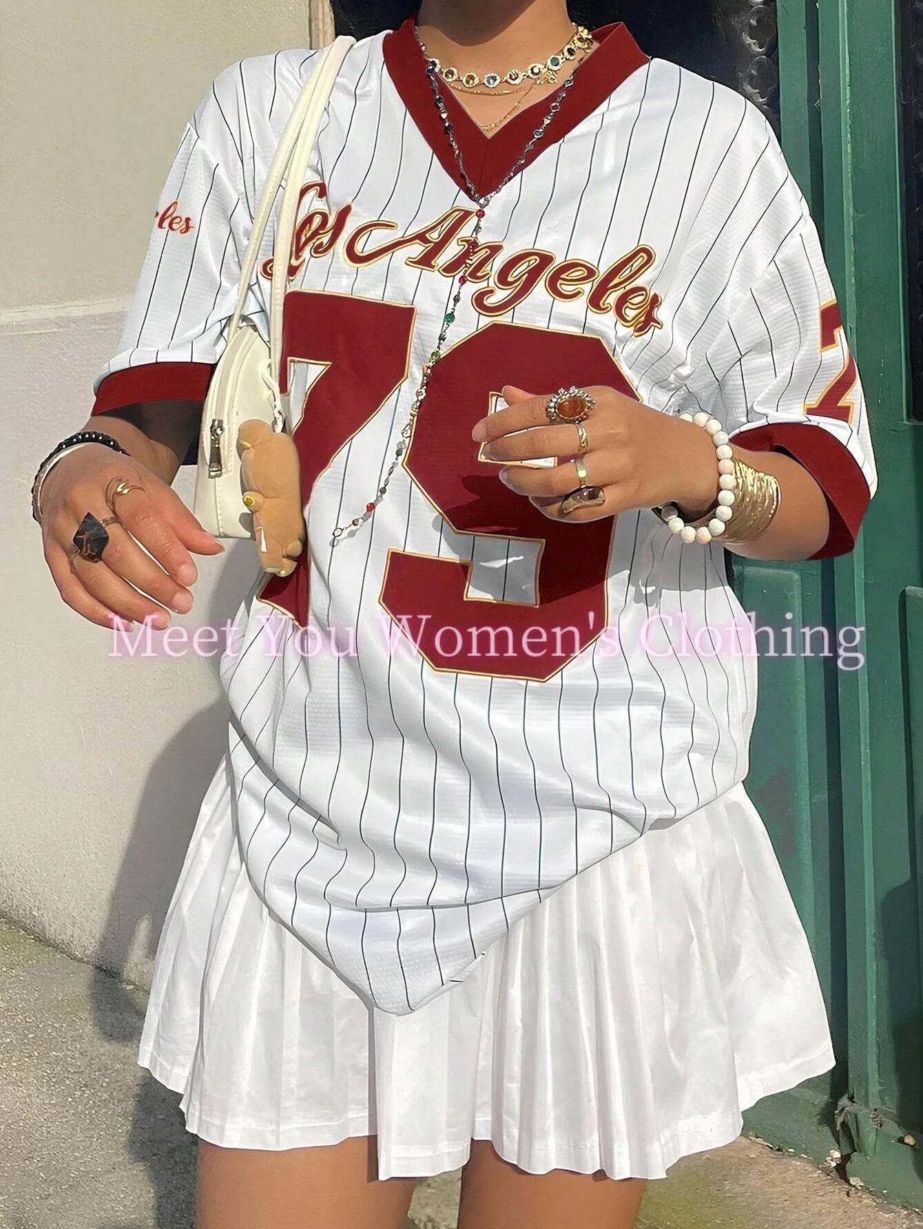 Women Los Angeles Number 79 Print V-Neck Short Sleeve T-Shirt Summer Graphic Tee Baseball Jerseys Stripe Oversized Sport T-Shirt - Empire P.E