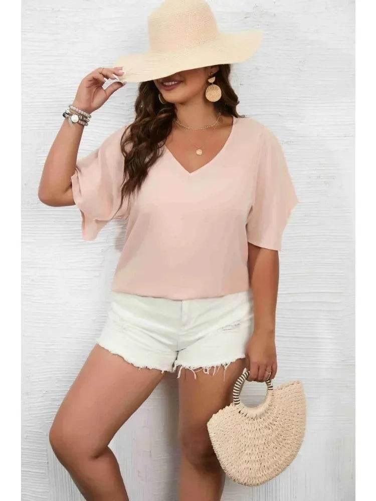 Women's Plus Size 1XL-5XL Solid Color Short Sleeve Blouse V Neck Bell Sleeve Blouse Casual Pullovers Shirt Top - Empire P.E