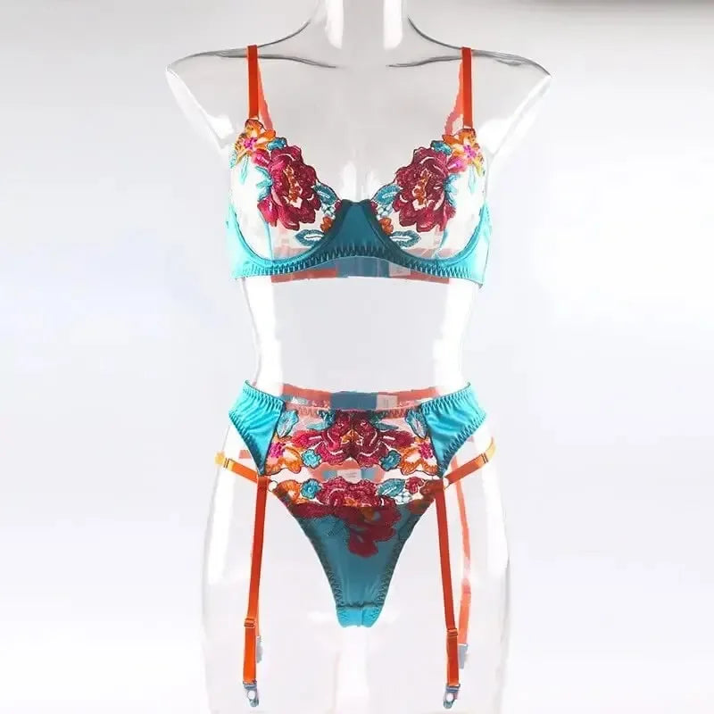 Women Floral Lace Garter Lingerie Set - Empire P.E