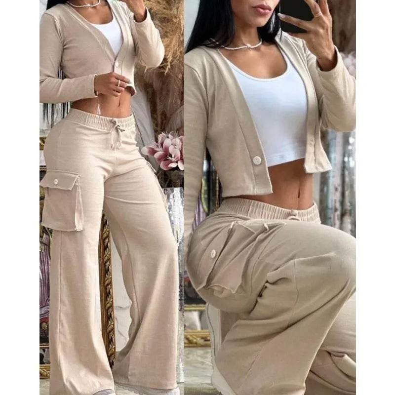 Spring Autumn Solid Slim Suit Women Long Sleeve Single Button V-neck Short Coat Drawstring Mid Waist Pocket Wide-Leg Pants Suit - Empire P.E