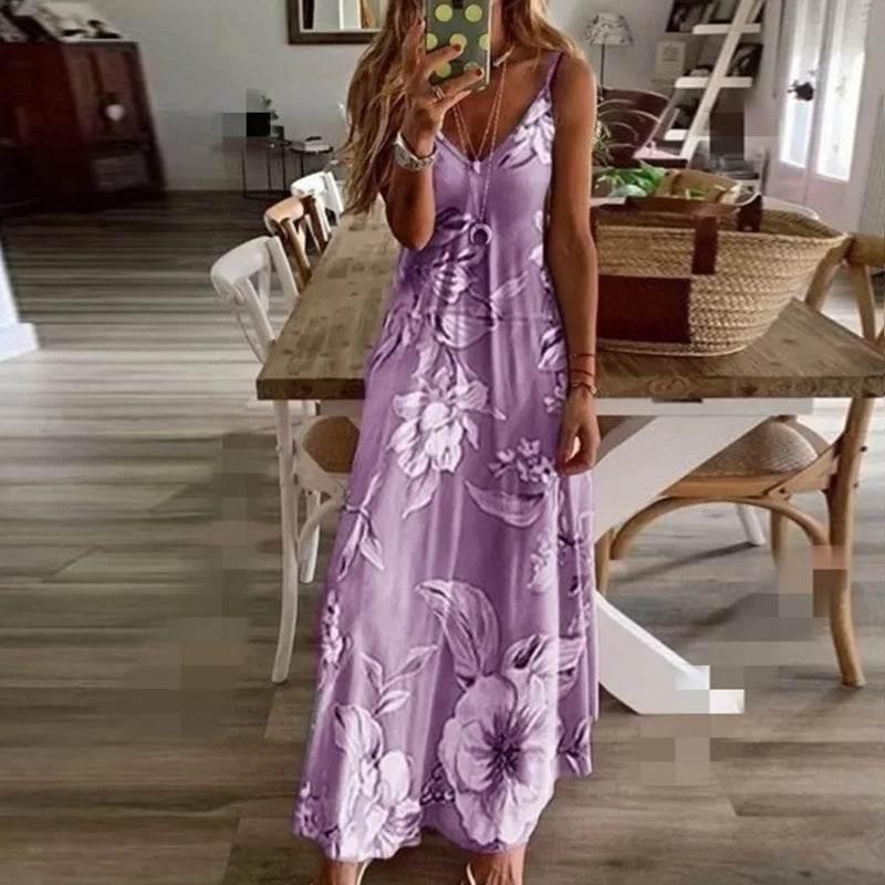 Woman Summer Long Dress Sling New Milk Silk Slim Floral Flowers Print Sleeveless V Neck Maxi Dresses Clothing Vestidos YRW6820 - Empire P.E
