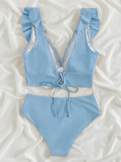 Riseado High Waist Bikinis Set Ruffle Shoulder Sexy Plunging Swimwear Women Bathing Suit Summer Beachwear - Empire P.E