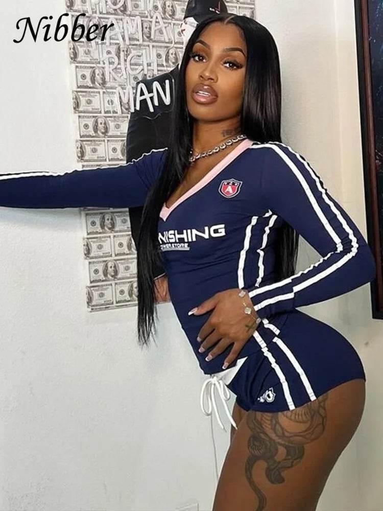Nibber Women Tracksuit 2 Piece Set Stroke Tight Hipster Letter Print Sporty Casual Crop Tops+Shorts Vitality Matching Outfits - Empire P.E