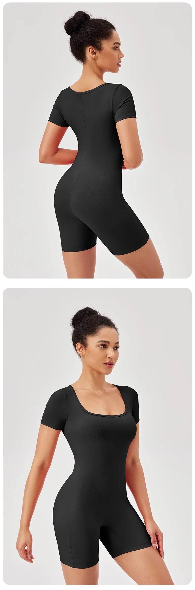 Fashion Women Yoga Suit Short Sleeve Gym Sports Jumpsuit Solid Color Workout Yoga Bodysuit Square Neck Yoga Set Sportswear - Empire P.E