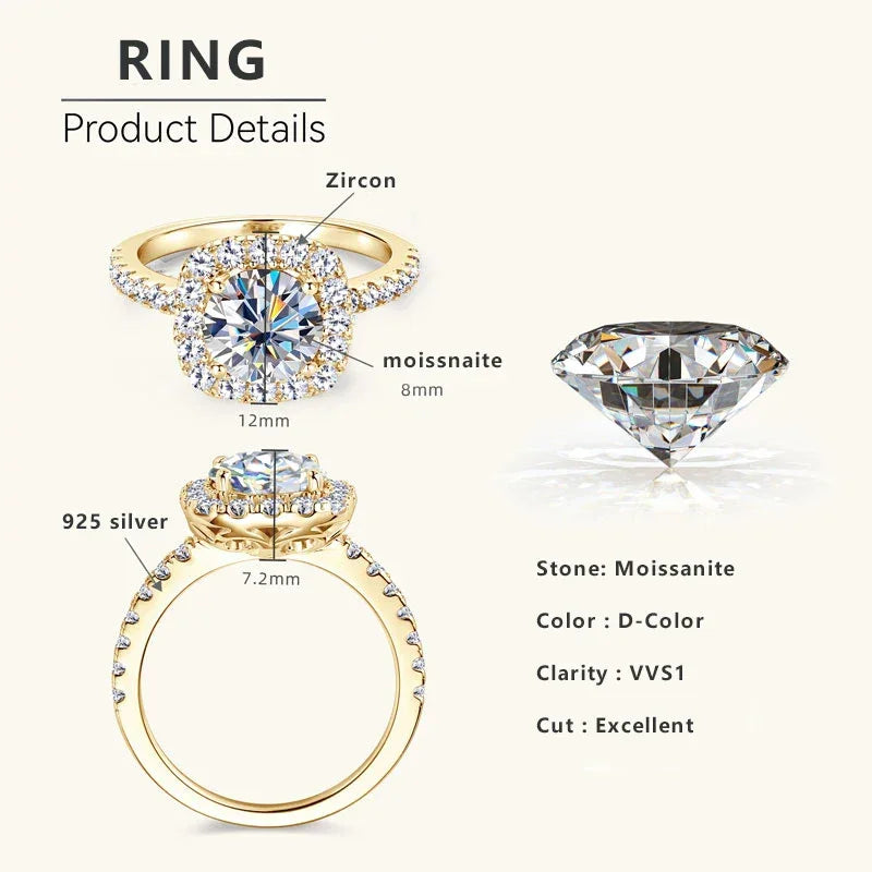 8mm 2ct Moissanite Halo Ring Certified 925 Sterling Silver - Empire P.E