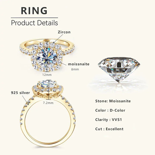 8mm 2ct Moissanite Halo Ring Certified 925 Sterling Silver - Empire P.E