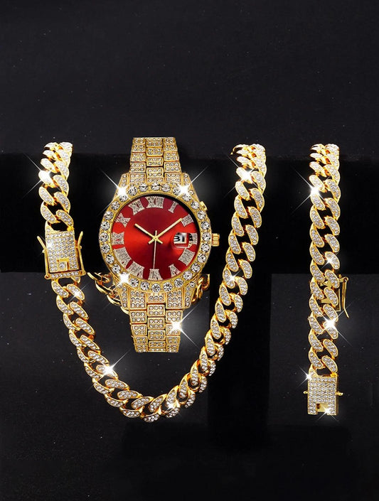 3PCS luxury alloy full diamond rhinestone mirror men's quartz watch with calendar and Hip Hop Cuban Necklace bracelet set - Empire P.E