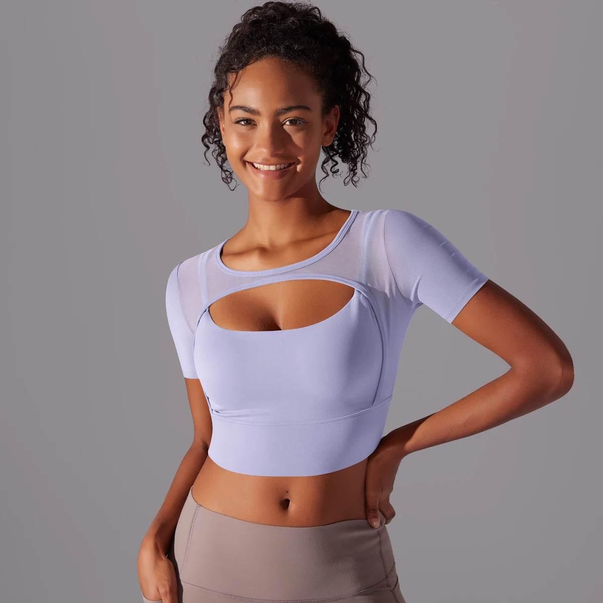 Solid Color Yoga Short Sleeve Sexy Double Layer Yoga Tank Top Spliced Mesh Yoga Clothing Top Fitness Running Sports Bra Women - Empire P.E