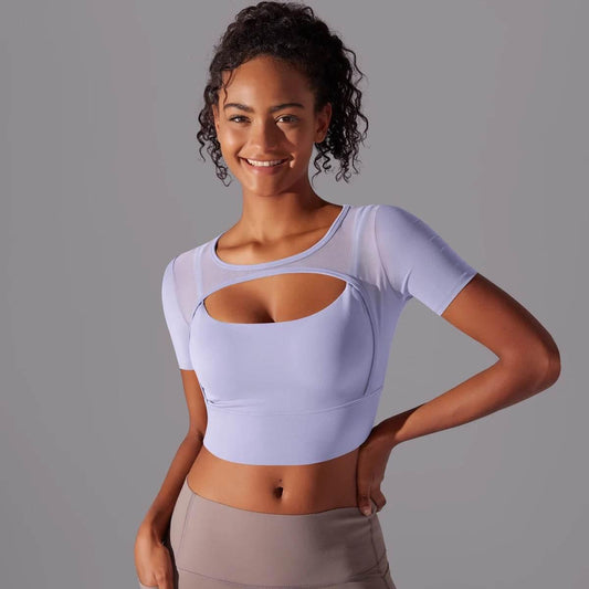 Solid Color Yoga Short Sleeve Sexy Double Layer Yoga Tank Top Spliced Mesh Yoga Clothing Top Fitness Running Sports Bra Women - Empire P.E