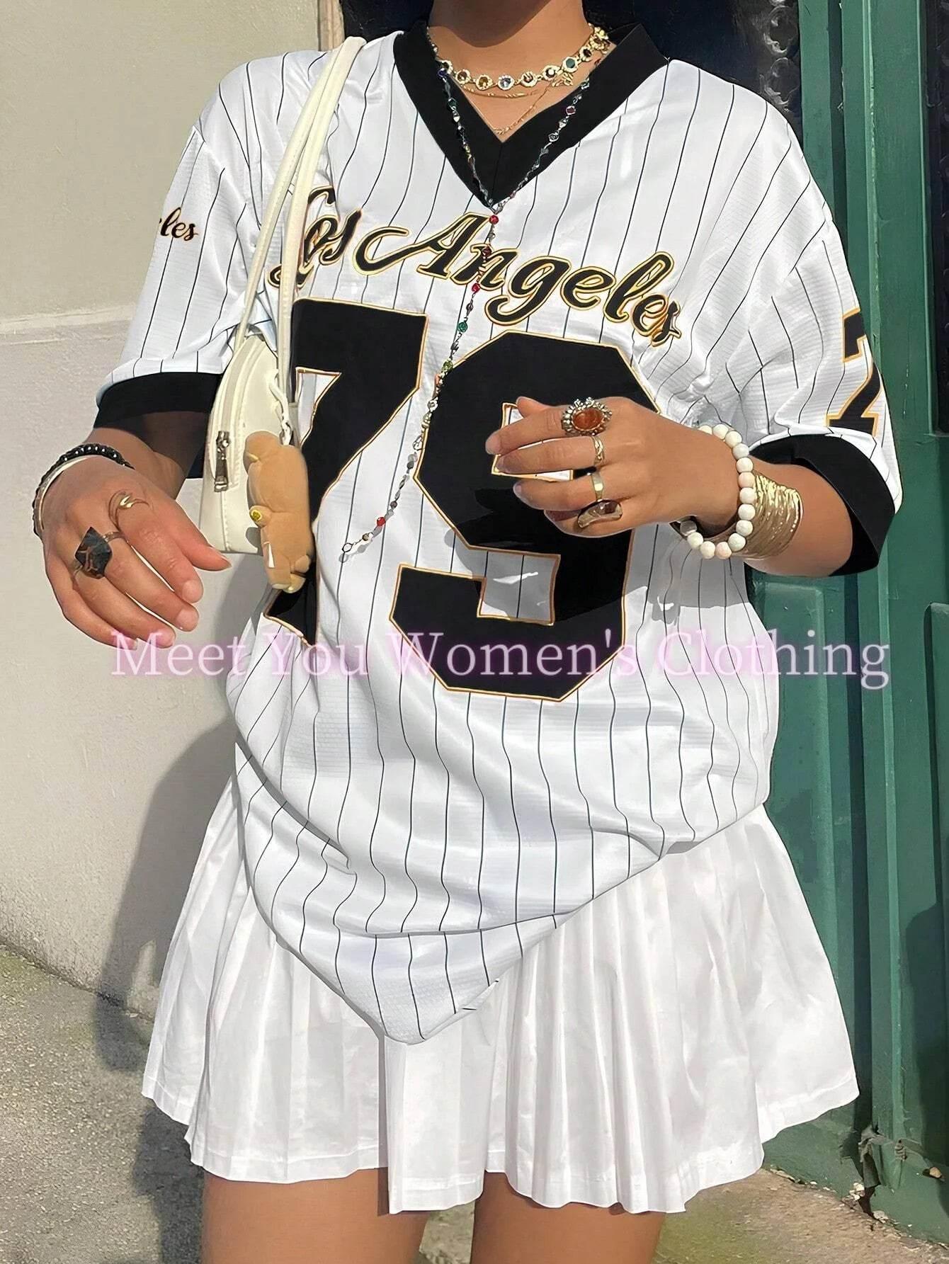 Women Los Angeles Number 79 Print V-Neck Short Sleeve T-Shirt Summer Graphic Tee Baseball Jerseys Stripe Oversized Sport T-Shirt - Empire P.E