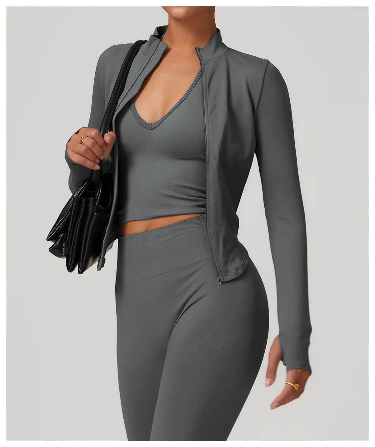Women Seamless Zipper Jacket Yoga Long Sleeved Gym Top Ribbed Yoga Stand Collar Jacket Running Workout Sport Coat Women's Shirts - Empire P.E