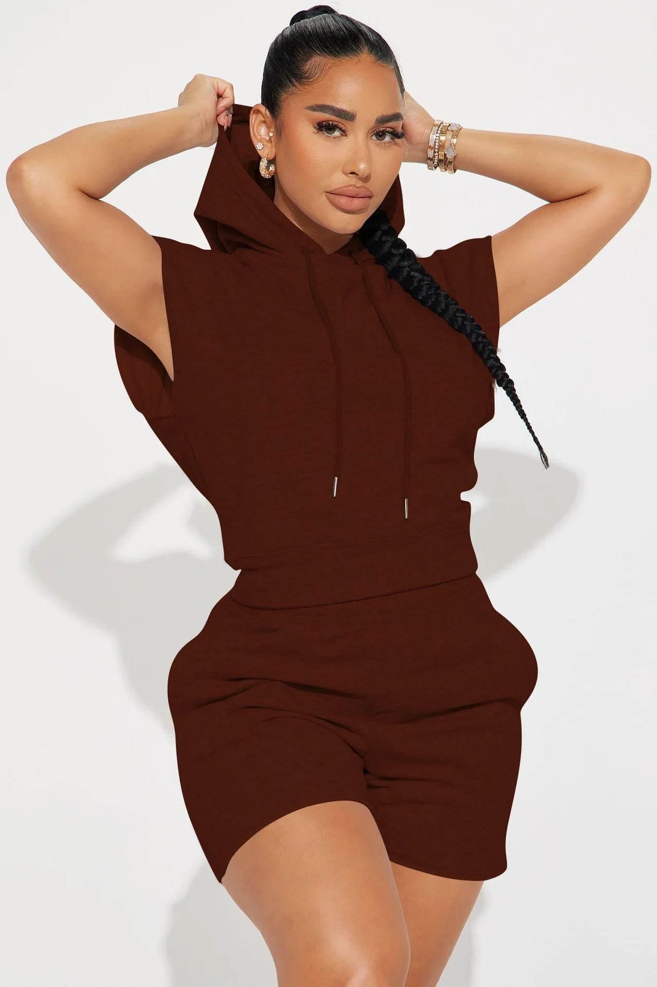 Summer 2024 Women's New Sexy Sleeveless Fashion Casual Sports Short Sleeved Hooded 3/4 Shorts Two Piece Set For Women - Empire P.E
