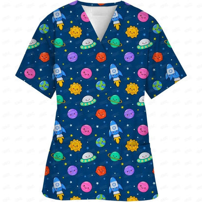 Women Easter Day Nurse Uniform Cartoon Print Short Sleeve V Neck - Empire P.E