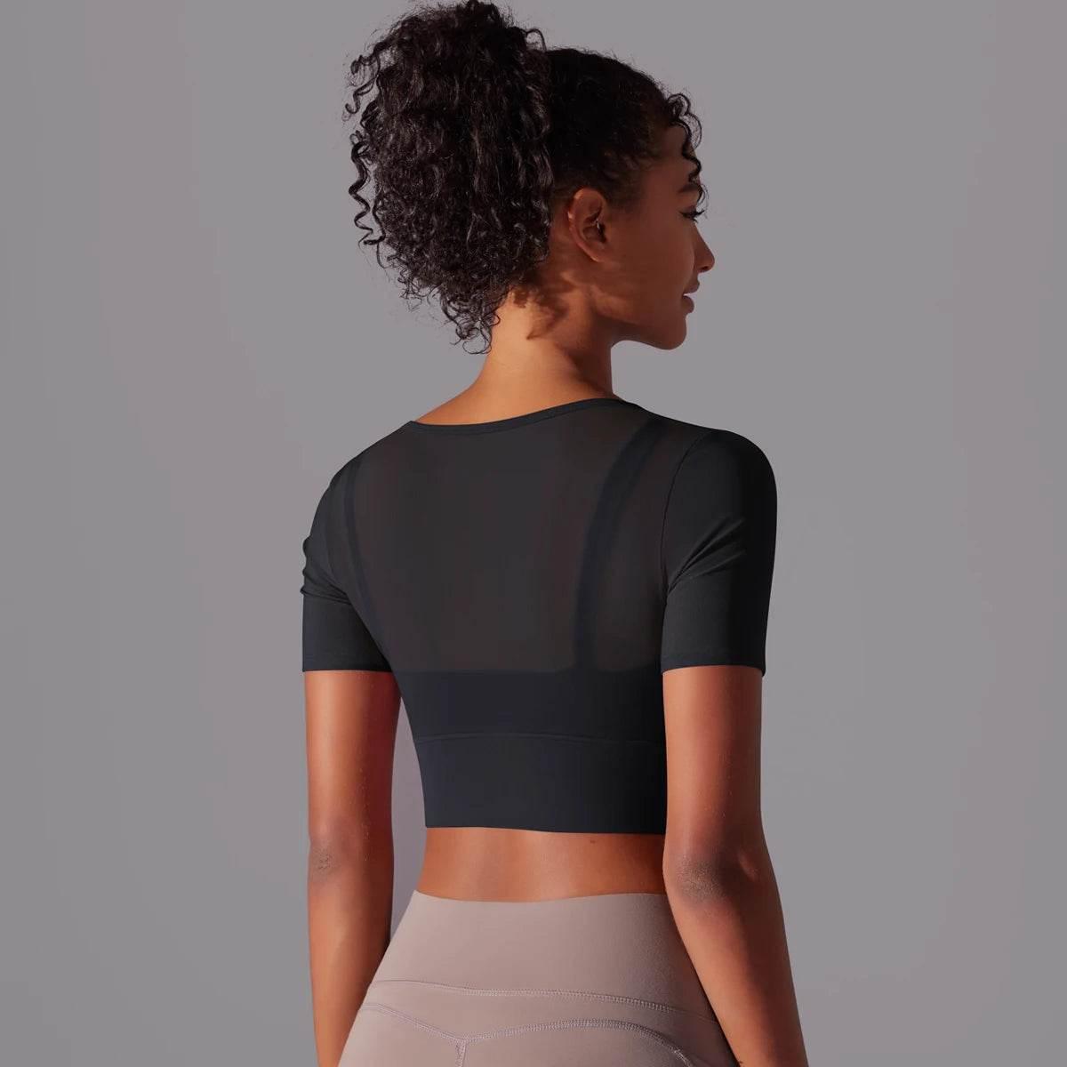 Solid Color Yoga Short Sleeve Sexy Double Layer Yoga Tank Top Spliced Mesh Yoga Clothing Top Fitness Running Sports Bra Women - Empire P.E