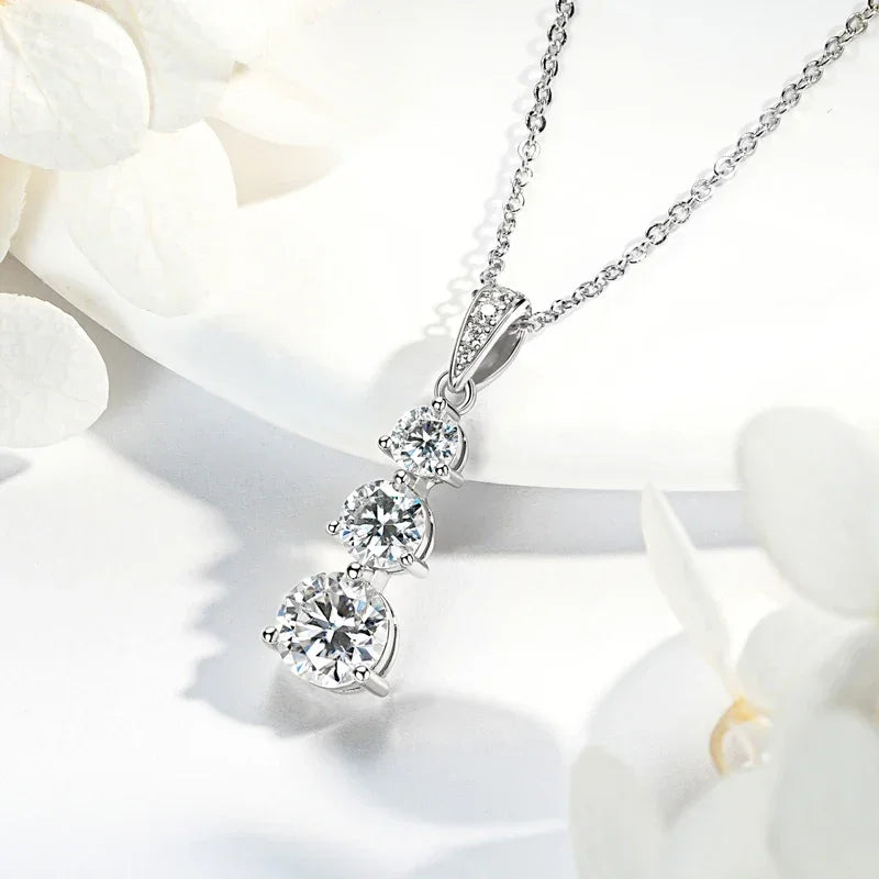 Moissanite Three stone Pendant necklace for Women 925 Sterling Silver Round Cut - Empire P.E
