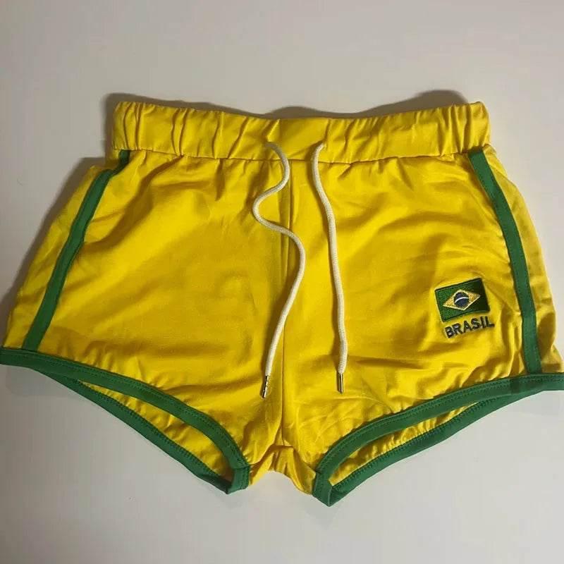 Gothic Women Yellow Shorts Brazil Embroidery Casual Wide Leg Pant Drawstring Elastic Waist Bikers Shorts Y2k Clothes 2024 Summer - Empire P.E