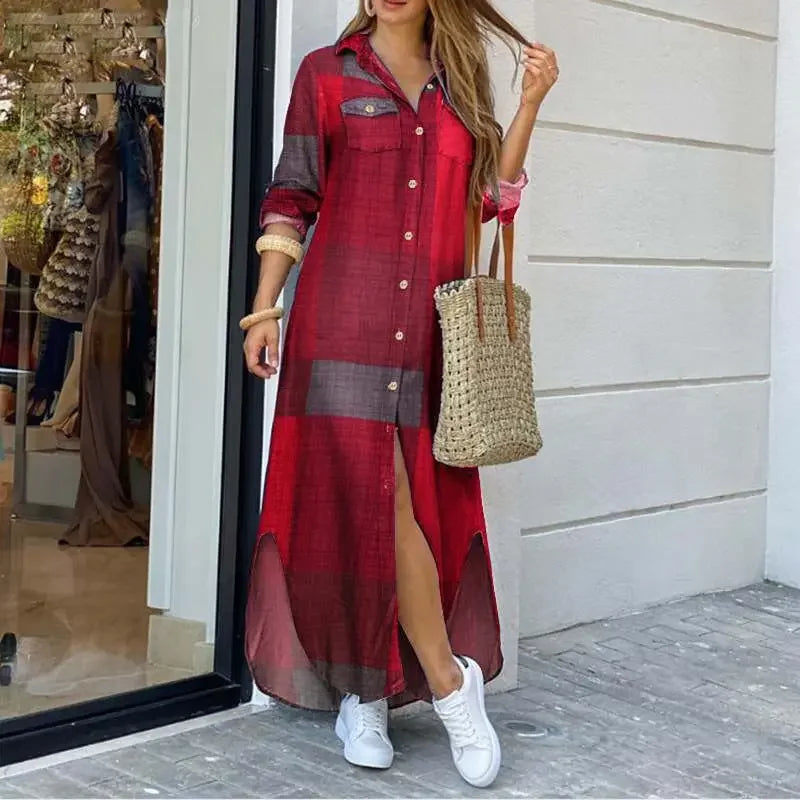 Long Sleeve Dress Plaid Robe Maxi Beach Dress - Empire P.E