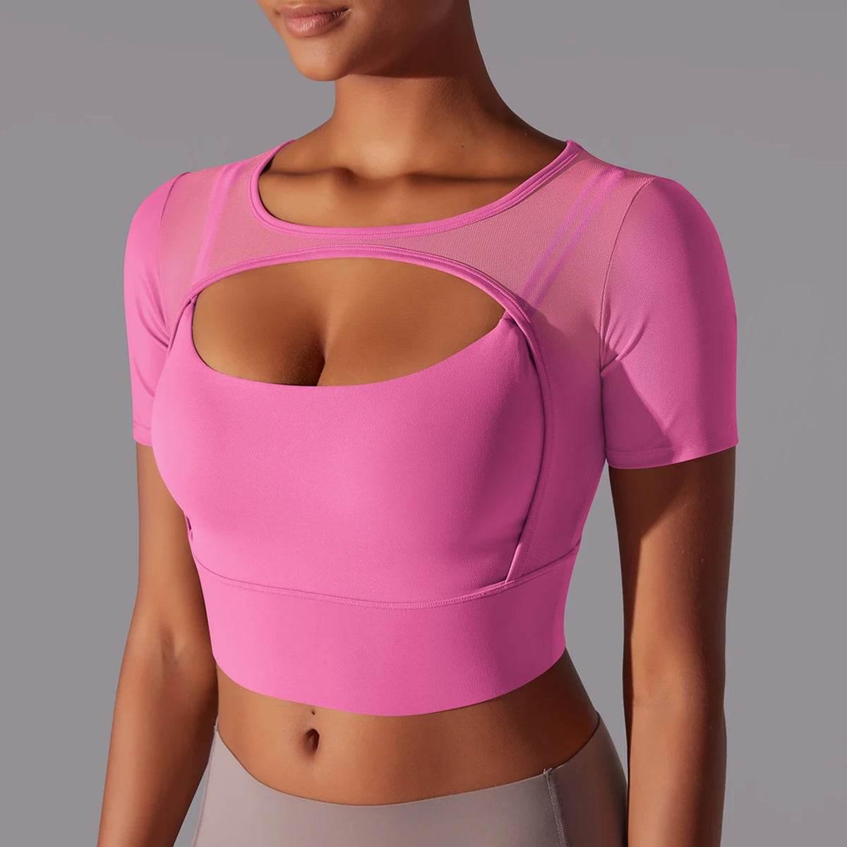 Solid Color Yoga Short Sleeve Sexy Double Layer Yoga Tank Top Spliced Mesh Yoga Clothing Top Fitness Running Sports Bra Women - Empire P.E