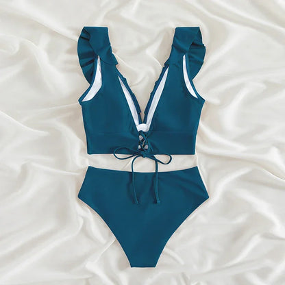 Riseado High Waist Bikinis Set Ruffle Shoulder Sexy Plunging Swimwear Women Bathing Suit Summer Beachwear - Empire P.E