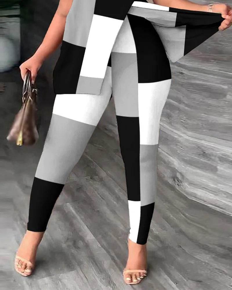 Elegant Women Two Piece Set Suits New Fashion Printed Ruffle Sleeve Top Solid Color Pants Set With Belt Blouses Female Clothing - Empire P.E