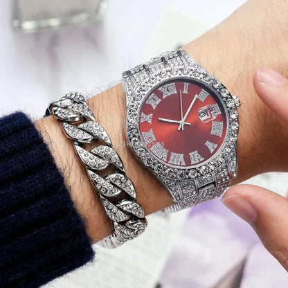 Watch Bracelet Set Hip Hop Stainless Steel Gold Color Calendar Watch for Men Iced Out Paved Rhinestones Men Watch Reloj Hombre - Empire P.E