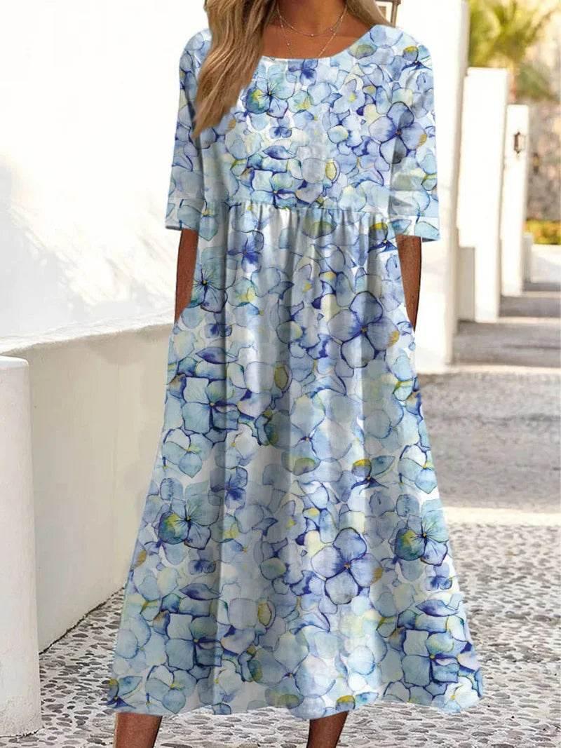 2024 women's fashion loose floral print round neck short sleeve pocket dress - Empire P.E