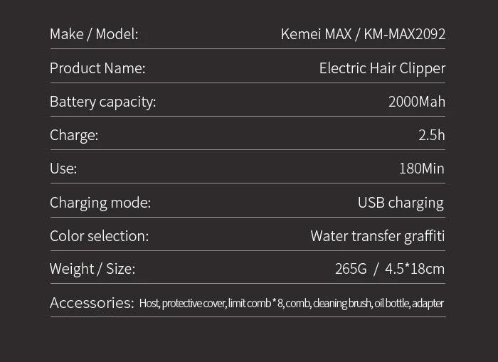 Kemei Rechargeable Graffiti Pattern Electric Hair Clipper Professional - Empire P.E