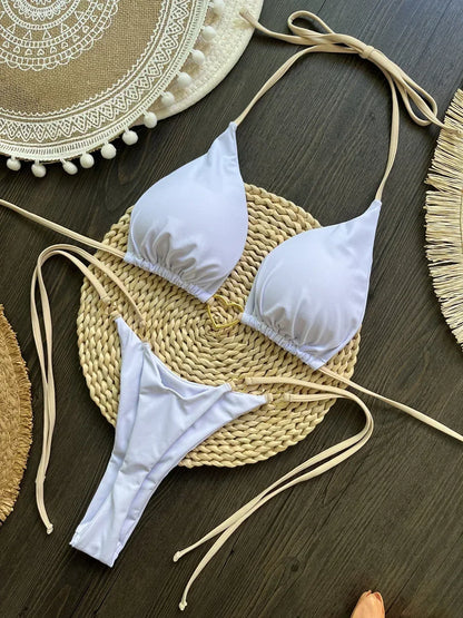 Metal Heart-shaped Halter Mini Micro Thong Bikini