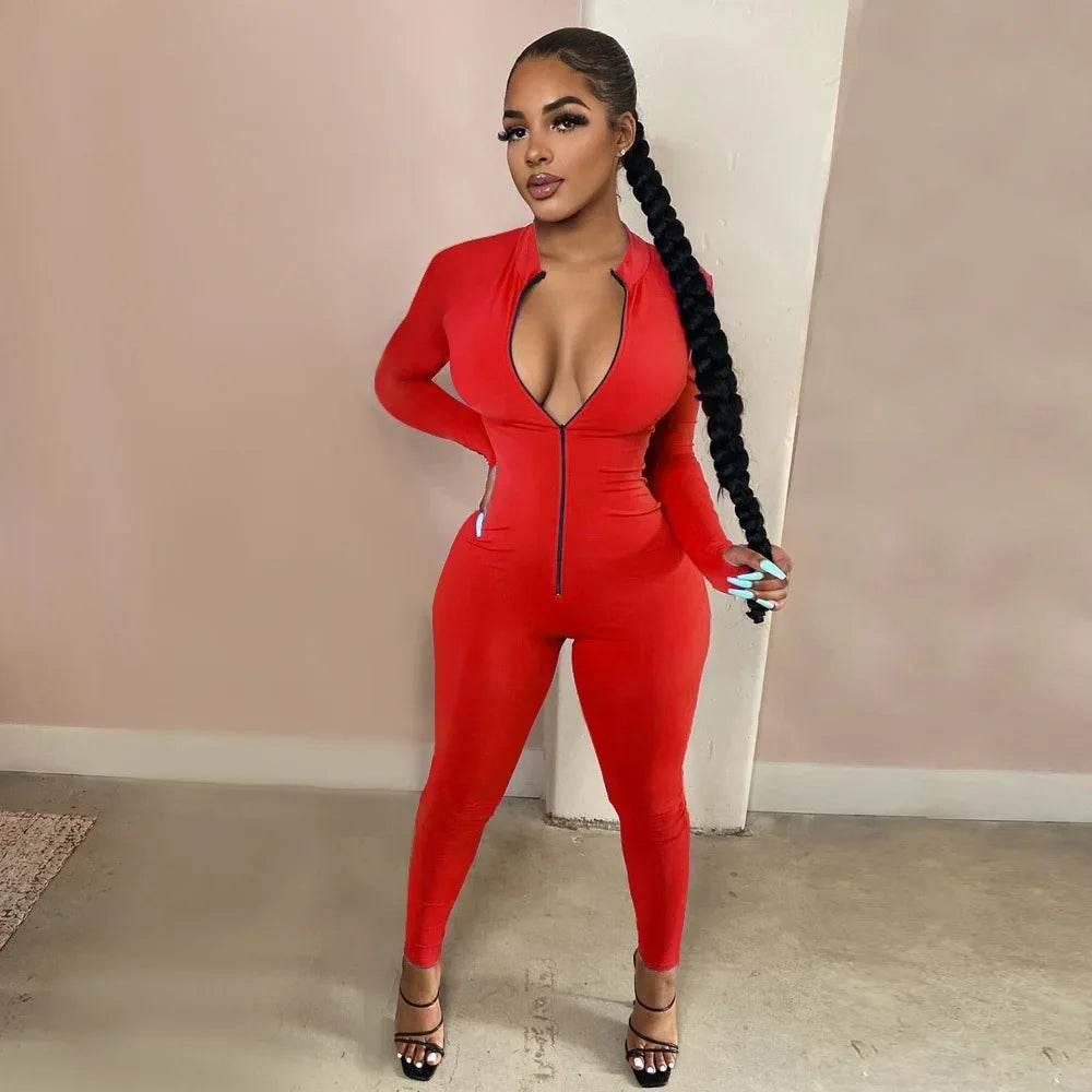 Sexy Solid Color Long Sleeve Deep V Bodycon Rompers Womens Jumpsuit Sport Suit Fashion Zip Up Long Pants Overalls Fitness Set - Empire P.E