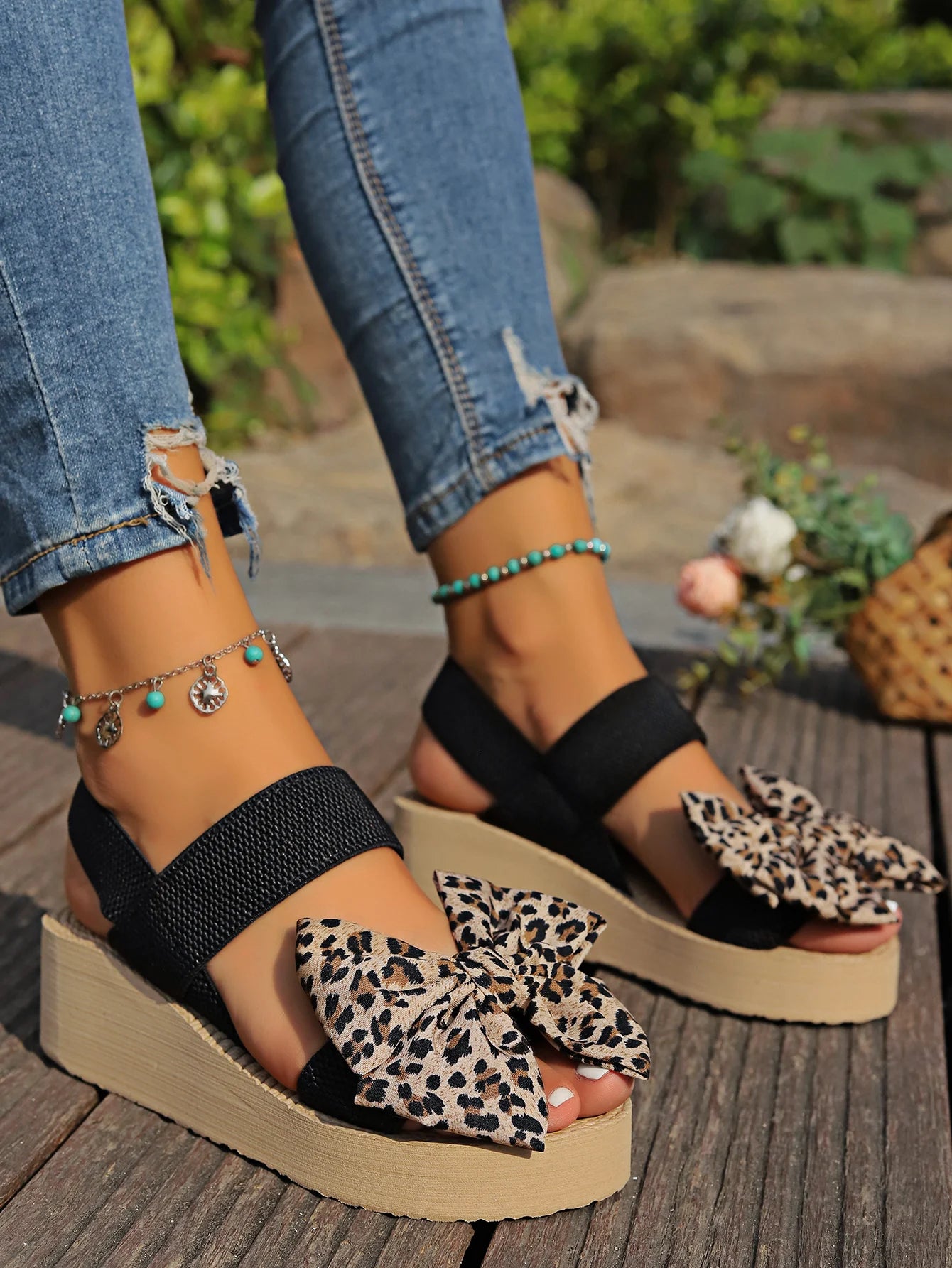 Women's Sexy Leopard Print Bow Wedge Thick Sole Sandals
