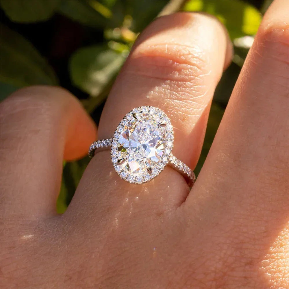 3CT 5CT Oval Halo Moissanite Engagement Ring D Color Diamond 925 Sterling Silver - Empire P.E