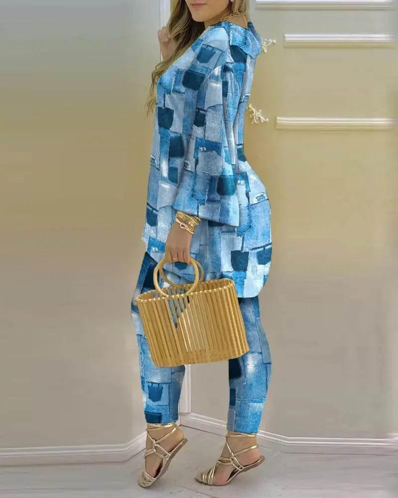 Women Print V Neck Tops Pant Sets Full Sleeve Pullover Two Piece Suit Elastic Waist Trousers Splice Shirts Autumn Regular Fit - Empire P.E