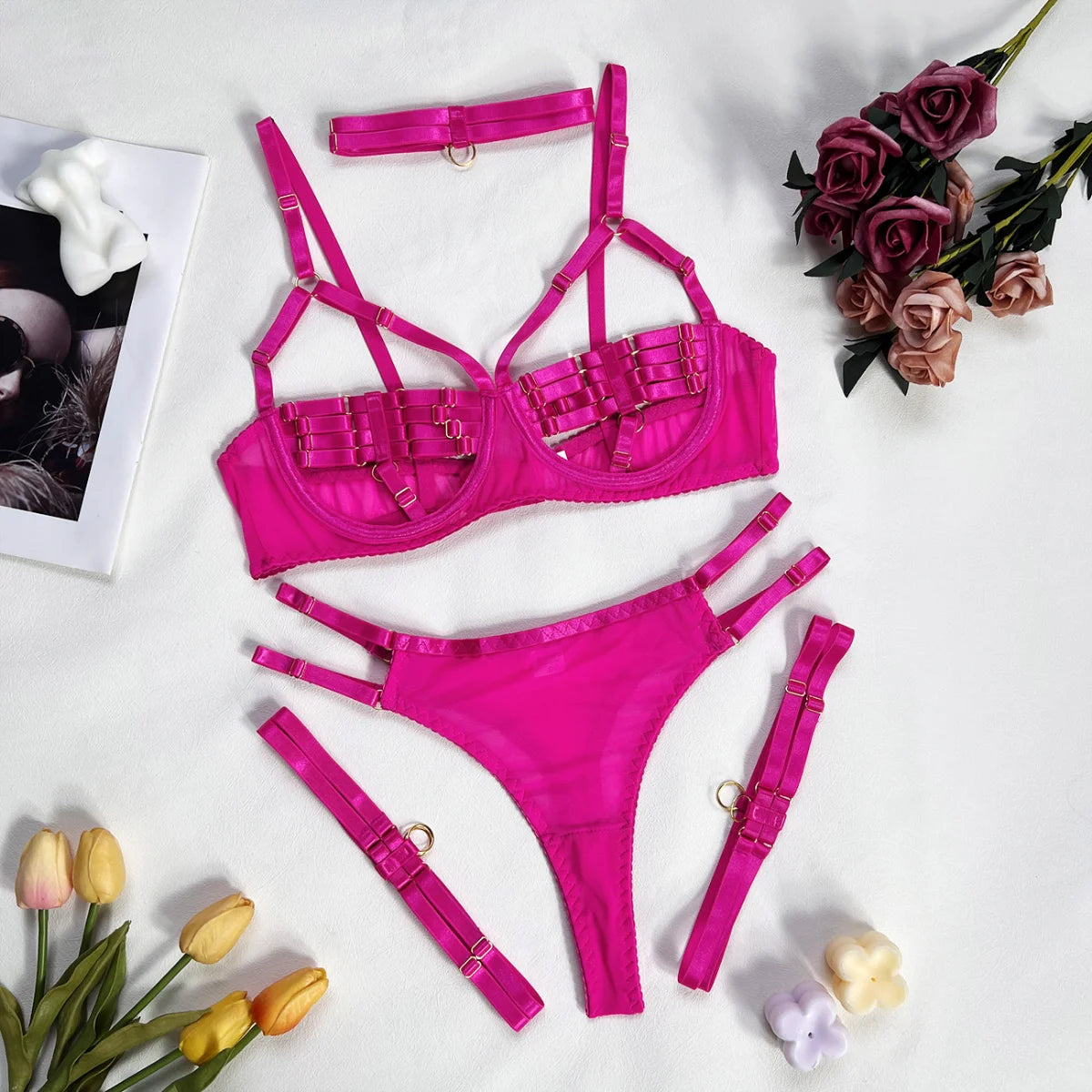Yimunancy 4-Piece Bandage Erotic Set Women Choker Cut Out Solid Vintage Purple Sexy Lingerie Set Breif Kit - Empire P.E